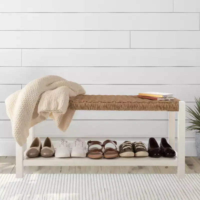 Banc Alaterre Furniture avec assise en corde tressée à la main - Banc en bois Newport de 101,6 cm avec étagère de rangement pour entrée ou chambre à coucher