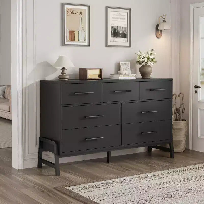 Garvee 7 Commode pour chambre à coucher, commode autonome à 52 tiroirs de large avec rangement, commode de rangement en bois pour salon, chambre à coucher