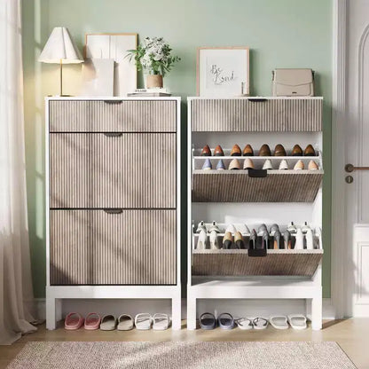 Meuble à Chaussures avec 2 Tiroirs Abattants, Range-Chaussures d'Entrée en Bois avec Pieds en Fer