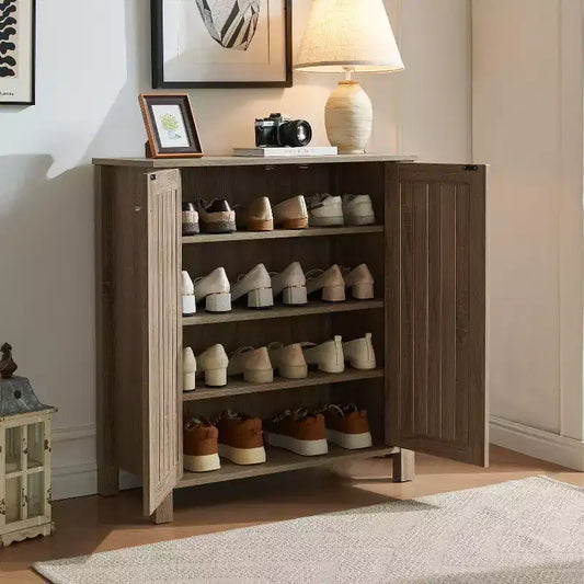 Meuble à Chaussures Vintage Okak, Meuble à Chaussures avec 2 Portes et 4 Étagères, Armoire de Rangement pour Salon, Salle à Manger, Cuisine, taupe
