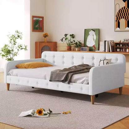 Lit de repos moderne GDFStudio Purtell en lin capitonné avec cadre en bois massif