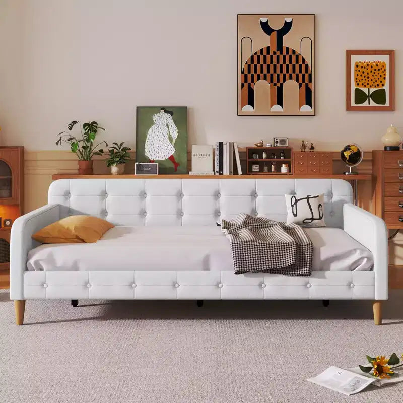 GDFStudio Purtell Modern Tufted Upholstered Linen Daybed with Solid Wood Frame