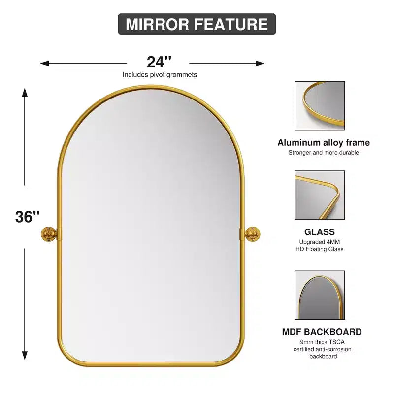 MAYEERTY Miroir suspendu en fer avec coins arrondis, arche, quincaillerie rotative argent-blanc 36x24x2 pouces