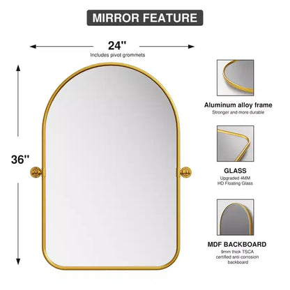 MAYEERTY Miroir suspendu en fer avec coins arrondis, arche, quincaillerie rotative argent-blanc 36x24x2 pouces