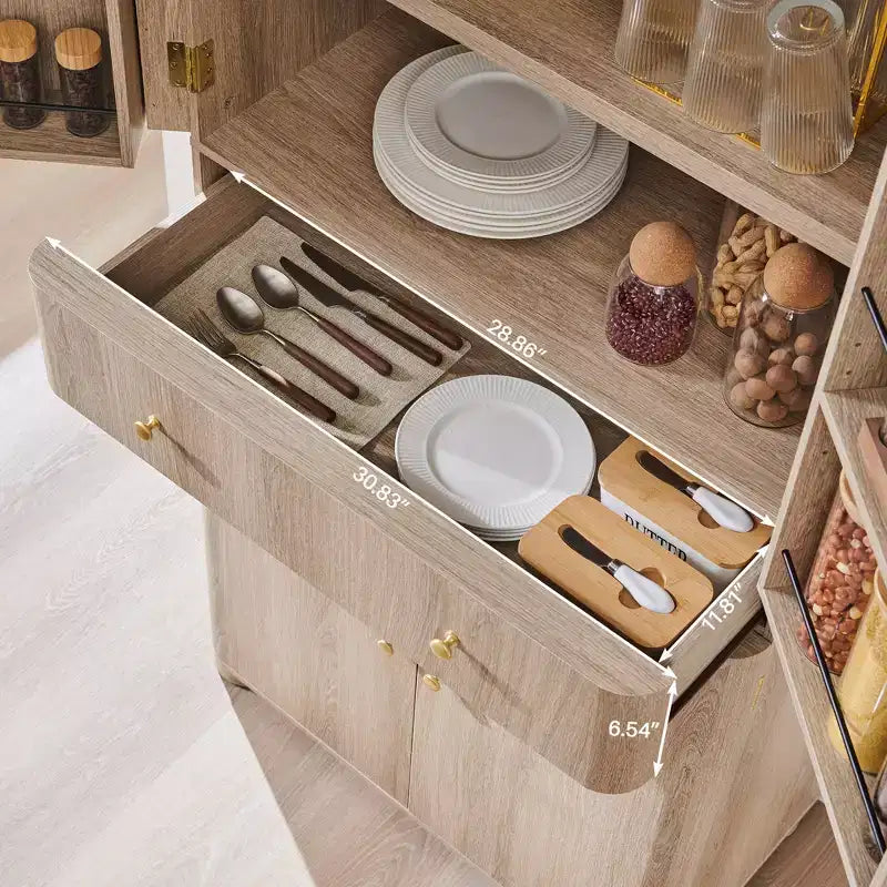 Grand garde-manger de cuisine de 71 po, armoires de rangement de cuisine modernes avec 4 portes et 6 étagères réglables, meuble de cuisine incurvé en bois