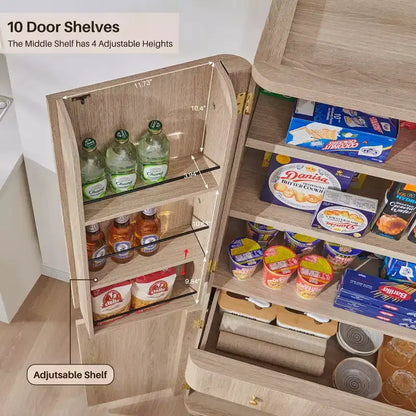 Grand garde-manger de cuisine de 71 po, armoires de rangement de cuisine modernes avec 4 portes et 6 étagères réglables, meuble de cuisine incurvé en bois