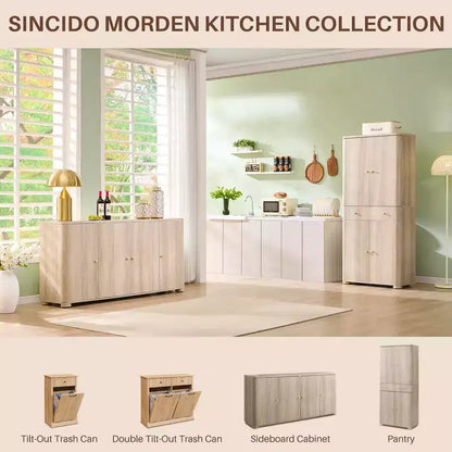 Grand garde-manger de cuisine de 71 po, armoires de rangement de cuisine modernes avec 4 portes et 6 étagères réglables, meuble de cuisine incurvé en bois