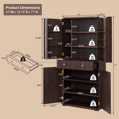 Grand garde-manger de cuisine de 71 po, armoires de rangement de cuisine modernes avec 4 portes et 6 étagères réglables, meuble de cuisine incurvé en bois