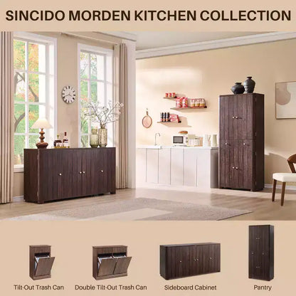 Grand garde-manger de cuisine de 71 po, armoires de rangement de cuisine modernes avec 4 portes et 6 étagères réglables, meuble de cuisine incurvé en bois