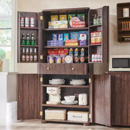 71 Tall Kitchen Pantry Storage Cabinet, Modern Kitchen Storage Cabinets with 4 Doors and 6 Adjustable Shelves,Wooden Curved Kitchen Cabinet