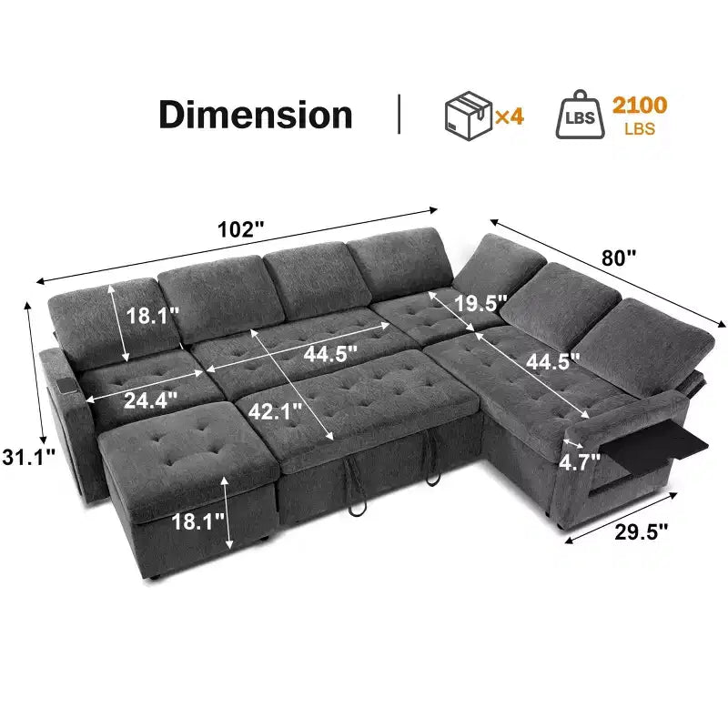 Dyonery Canapé-lit d'angle modulaire 7 places avec lit gigogne/dossier inclinable/ports USB/table/lumière LED/siège de rangement, chenille