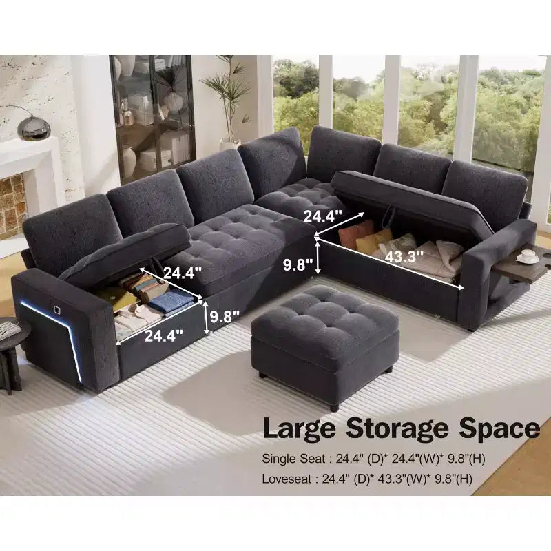 Dyonery Canapé-lit d'angle modulaire 7 places avec lit gigogne/dossier inclinable/ports USB/table/lumière LED/siège de rangement, chenille