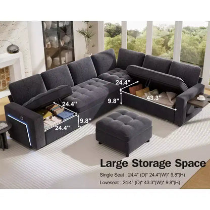 Dyonery Canapé-lit d'angle modulaire 7 places avec lit gigogne/dossier inclinable/ports USB/table/lumière LED/siège de rangement, chenille
