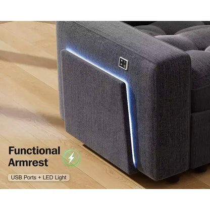 Dyonery Canapé-lit d'angle modulaire 7 places avec lit gigogne/dossier inclinable/ports USB/table/lumière LED/siège de rangement, chenille