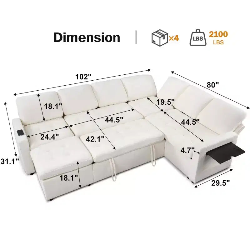 Dyonery Canapé-lit d'angle modulaire 7 places avec lit gigogne/dossier inclinable/ports USB/table/lumière LED/siège de rangement, chenille