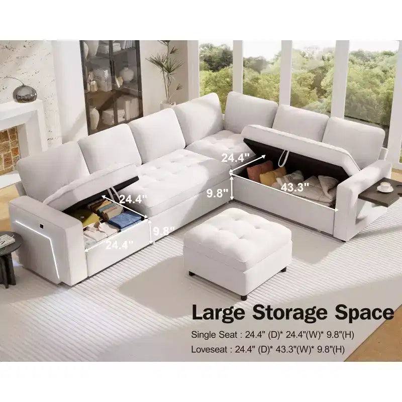 Dyonery Canapé-lit d'angle modulaire 7 places avec lit gigogne/dossier inclinable/ports USB/table/lumière LED/siège de rangement, chenille