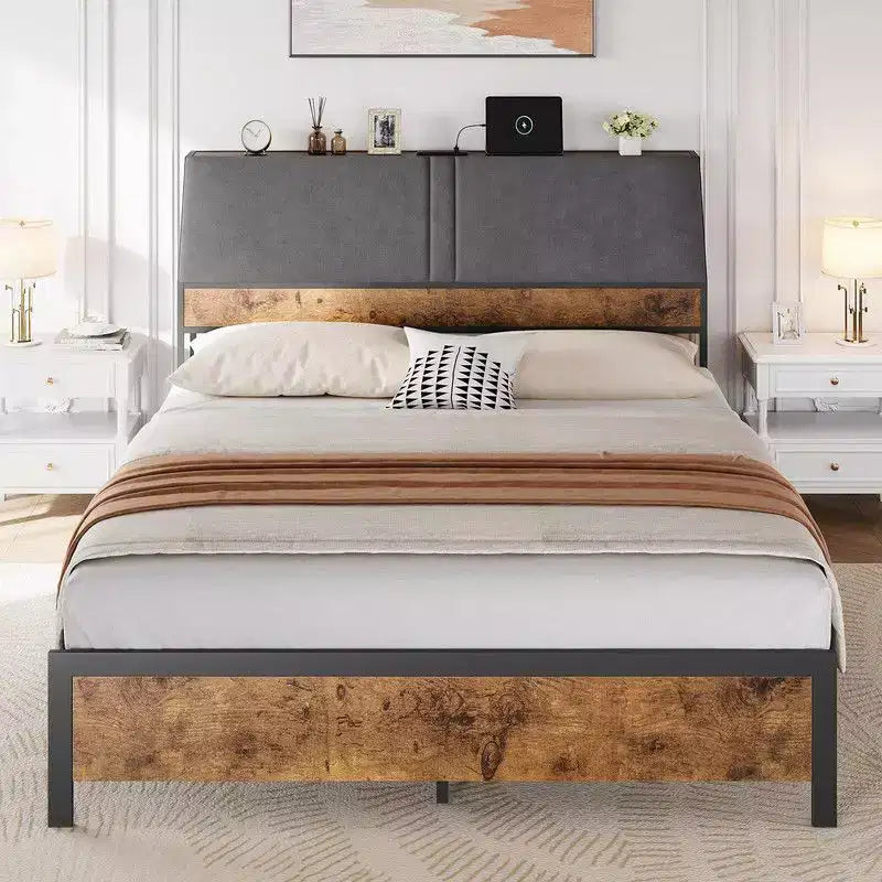 Coolmee Full/Queen Size Bed Frame Ergonomic with Charging Station, Metal Platform Bed with Storage Headboard and Under-bed Storage
