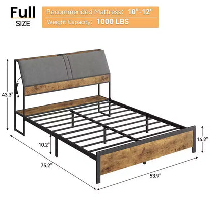 Coolmee Cadre de Lit Double/Queen Ergonomique avec Station de Recharge, Plateforme de Lit en Métal avec Tête de Lit Rangement et Rangement Sous le Lit