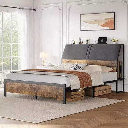 Coolmee Cadre de Lit Double/Queen Ergonomique avec Station de Recharge, Plateforme de Lit en Métal avec Tête de Lit Rangement et Rangement Sous le Lit