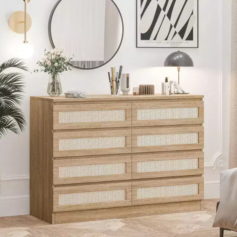 Commode double à 8 tiroirs pour chambre à coucher, commode en rotin, commode en bois moderne, table de chevet pour placard, salon et entrée