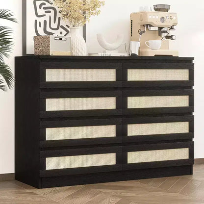 8 Drawer Double Dresser for Bedroom, Rattan Chest of Dressers, Modern Wooden Dresser Chest, Beside Table for Closet, Living Room and Entryway