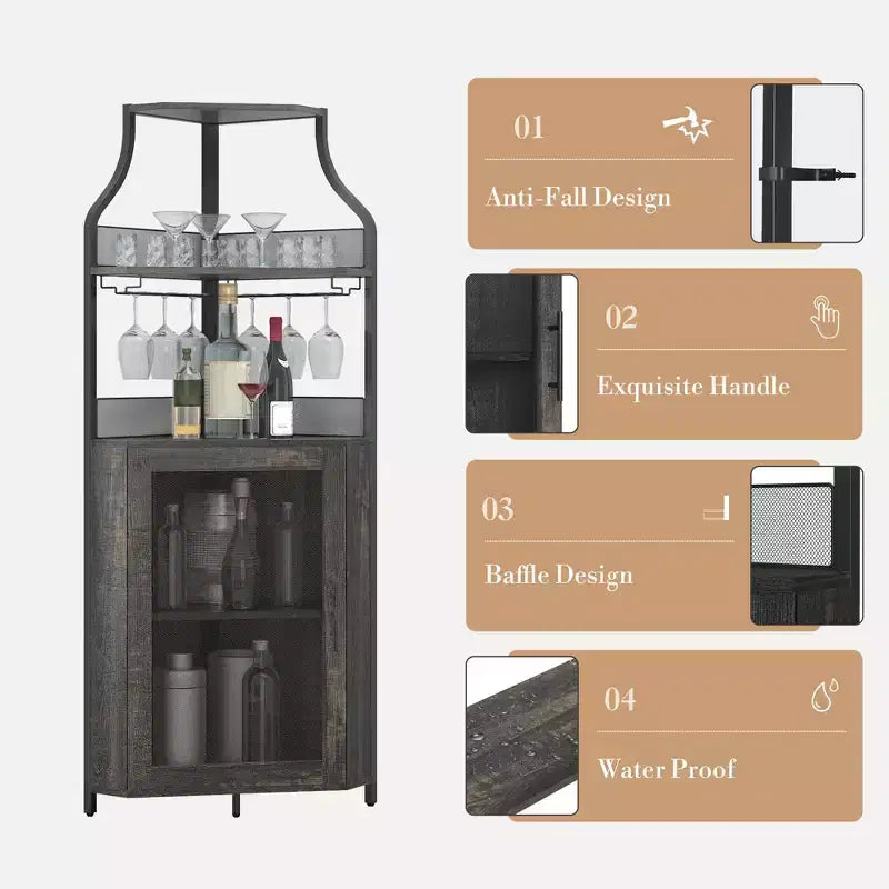Meuble d'angle de bar avec bande LED, porte-verres, étagère réglable, meuble de bar à liqueurs à 5 niveaux pour la maison, vitrine d'angle pour petit espace