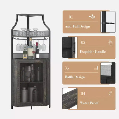 Meuble d'angle de bar avec bande LED, porte-verres, étagère réglable, meuble de bar à liqueurs à 5 niveaux pour la maison, vitrine d'angle pour petit espace