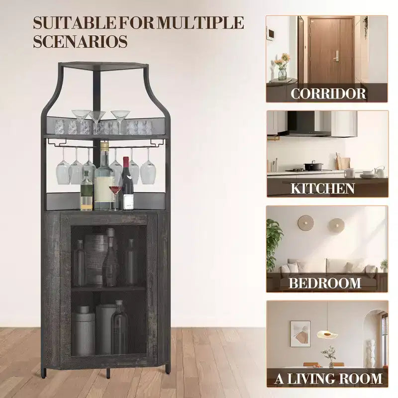 Meuble d'angle de bar avec bande LED, porte-verres, étagère réglable, meuble de bar à liqueurs à 5 niveaux pour la maison, vitrine d'angle pour petit espace