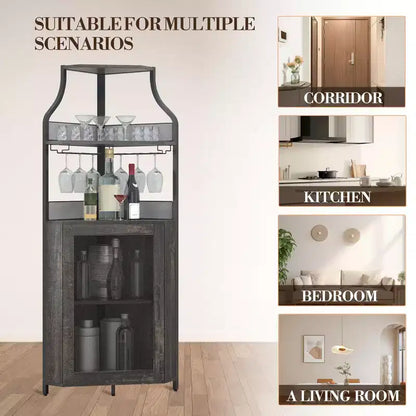 Meuble d'angle de bar avec bande LED, porte-verres, étagère réglable, meuble de bar à liqueurs à 5 niveaux pour la maison, vitrine d'angle pour petit espace
