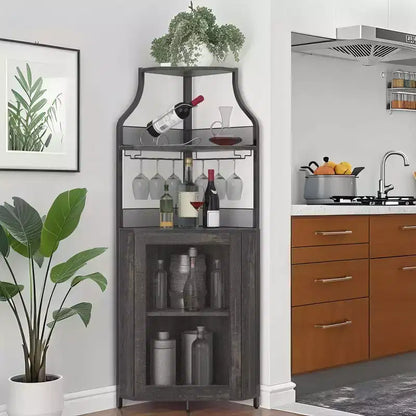 Meuble d'angle de bar avec bande LED, porte-verres, étagère réglable, meuble de bar à liqueurs à 5 niveaux pour la maison, vitrine d'angle pour petit espace
