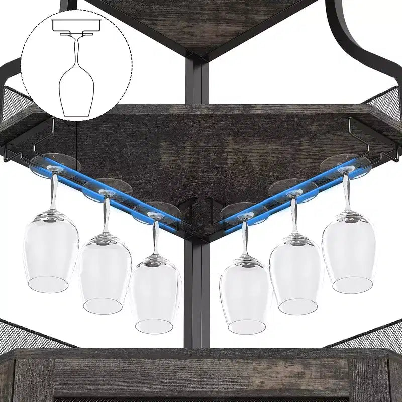 Meuble d'angle de bar avec bande LED, porte-verres, étagère réglable, meuble de bar à liqueurs à 5 niveaux pour la maison, vitrine d'angle pour petit espace