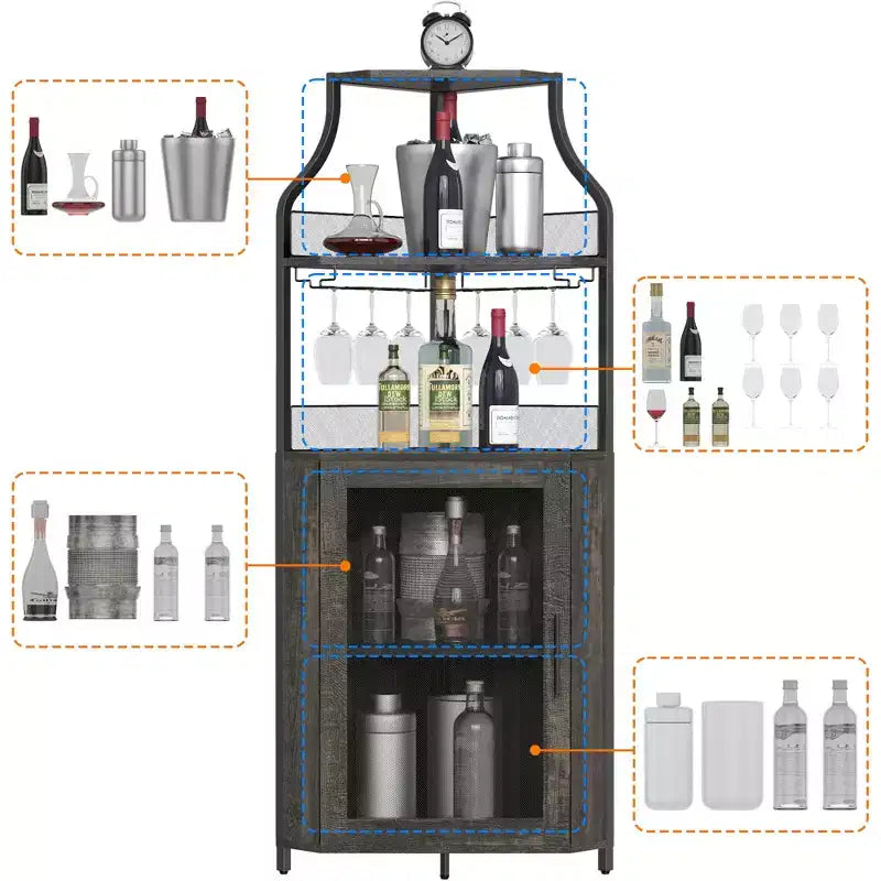 Meuble d'angle de bar avec bande LED, porte-verres, étagère réglable, meuble de bar à liqueurs à 5 niveaux pour la maison, vitrine d'angle pour petit espace