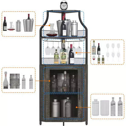 Meuble d'angle de bar avec bande LED, porte-verres, étagère réglable, meuble de bar à liqueurs à 5 niveaux pour la maison, vitrine d'angle pour petit espace