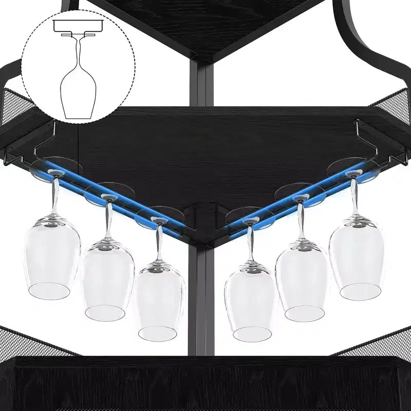 Meuble d'angle de bar avec bande LED, porte-verres, étagère réglable, meuble de bar à liqueurs à 5 niveaux pour la maison, vitrine d'angle pour petit espace