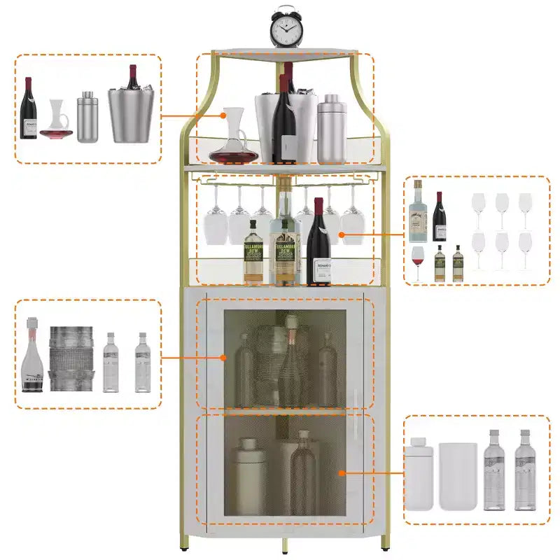 Meuble d'angle de bar avec bande LED, porte-verres, étagère réglable, meuble de bar à liqueurs à 5 niveaux pour la maison, vitrine d'angle pour petit espace