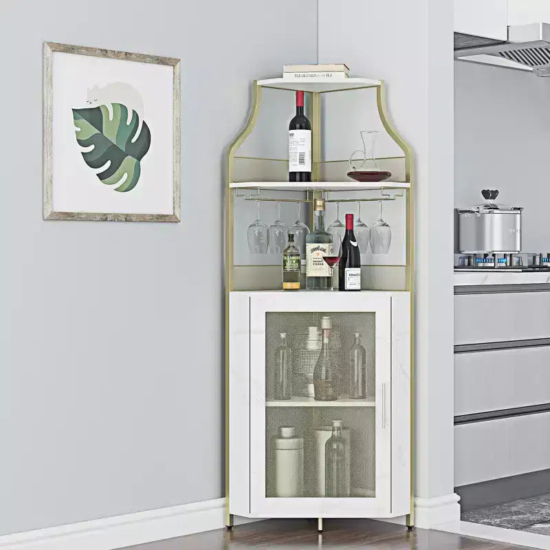 Meuble d'angle de bar avec bande LED, porte-verres, étagère réglable, meuble de bar à liqueurs à 5 niveaux pour la maison, vitrine d'angle pour petit espace