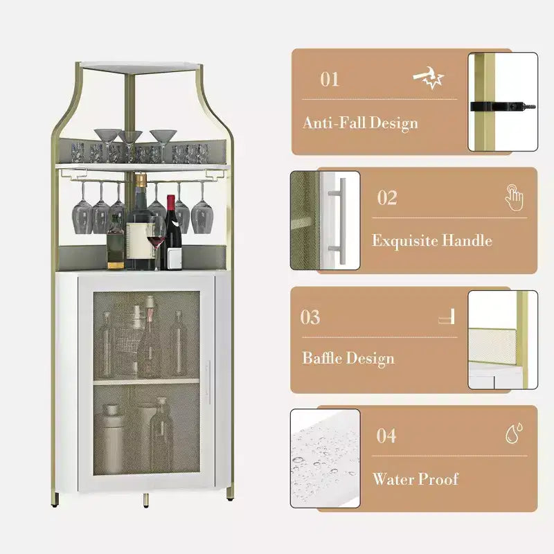 Meuble d'angle de bar avec bande LED, porte-verres, étagère réglable, meuble de bar à liqueurs à 5 niveaux pour la maison, vitrine d'angle pour petit espace