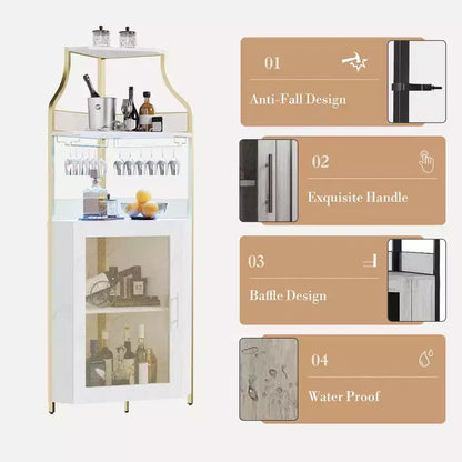 Meuble d'angle de bar avec bande LED, porte-verres, étagère réglable, meuble de bar à liqueurs à 5 niveaux pour la maison, vitrine d'angle pour petit espace
