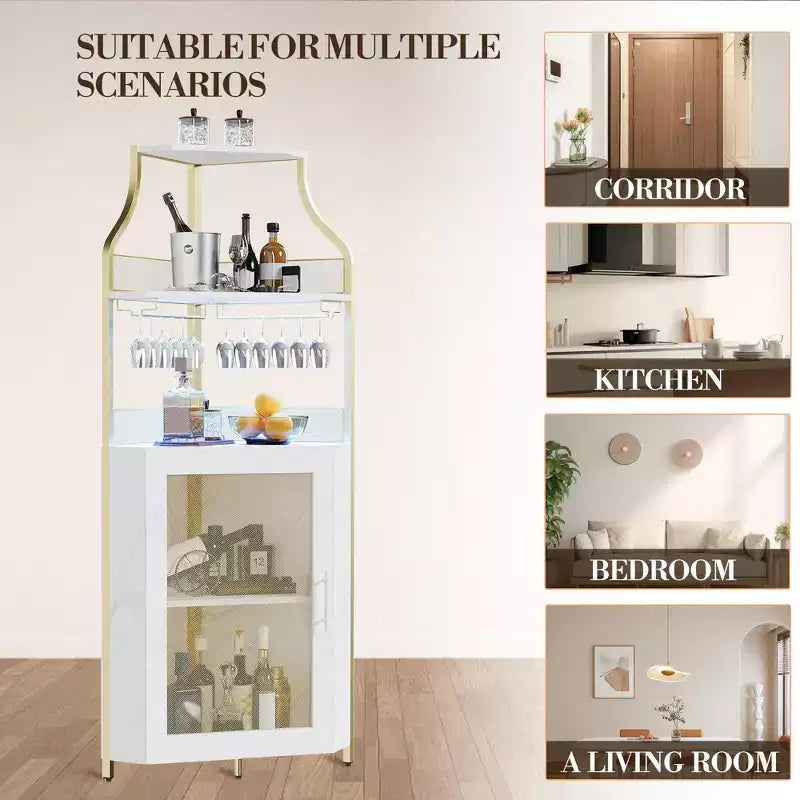 Meuble d'angle de bar avec bande LED, porte-verres, étagère réglable, meuble de bar à liqueurs à 5 niveaux pour la maison, vitrine d'angle pour petit espace