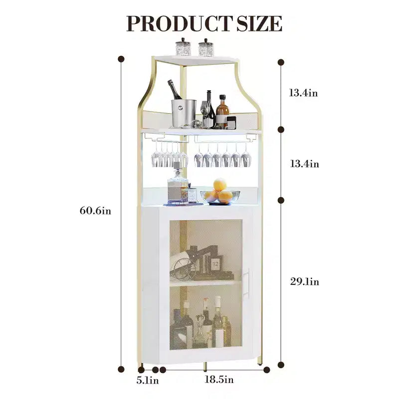 Meuble d'angle de bar avec bande LED, porte-verres, étagère réglable, meuble de bar à liqueurs à 5 niveaux pour la maison, vitrine d'angle pour petit espace