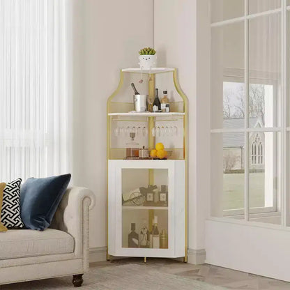 Meuble d'angle de bar avec bande LED, porte-verres, étagère réglable, meuble de bar à liqueurs à 5 niveaux pour la maison, vitrine d'angle pour petit espace