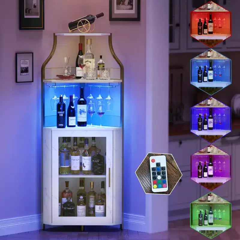 Meuble d'angle de bar avec bande LED, porte-verres, étagère réglable, meuble de bar à liqueurs à 5 niveaux pour la maison, vitrine d'angle pour petit espace