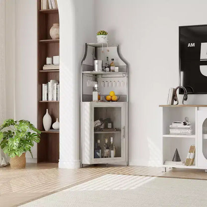 Meuble d'angle de bar avec bande LED, porte-verres, étagère réglable, meuble de bar à liqueurs à 5 niveaux pour la maison, vitrine d'angle pour petit espace