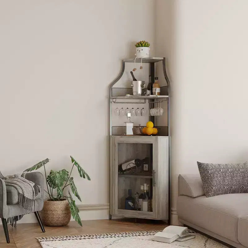 Meuble d'angle de bar avec bande LED, porte-verres, étagère réglable, meuble de bar à liqueurs à 5 niveaux pour la maison, vitrine d'angle pour petit espace