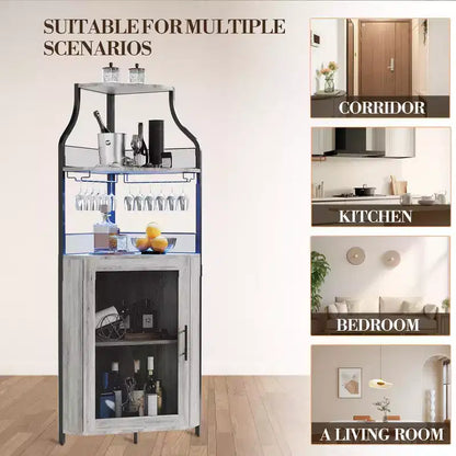 Meuble d'angle de bar avec bande LED, porte-verres, étagère réglable, meuble de bar à liqueurs à 5 niveaux pour la maison, vitrine d'angle pour petit espace