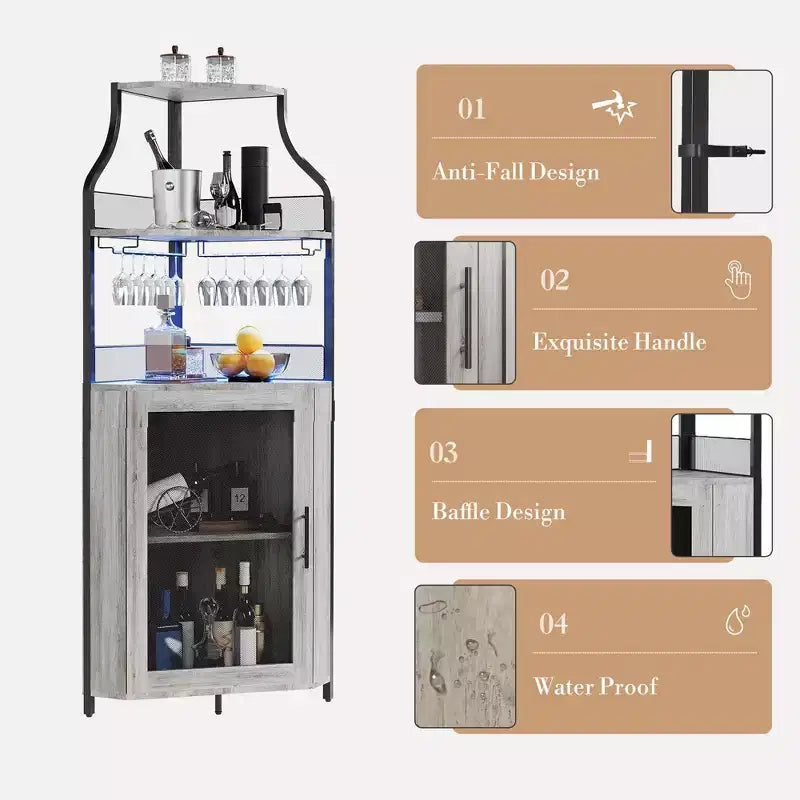 Meuble d'angle de bar avec bande LED, porte-verres, étagère réglable, meuble de bar à liqueurs à 5 niveaux pour la maison, vitrine d'angle pour petit espace