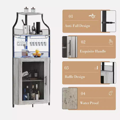 Meuble d'angle de bar avec bande LED, porte-verres, étagère réglable, meuble de bar à liqueurs à 5 niveaux pour la maison, vitrine d'angle pour petit espace