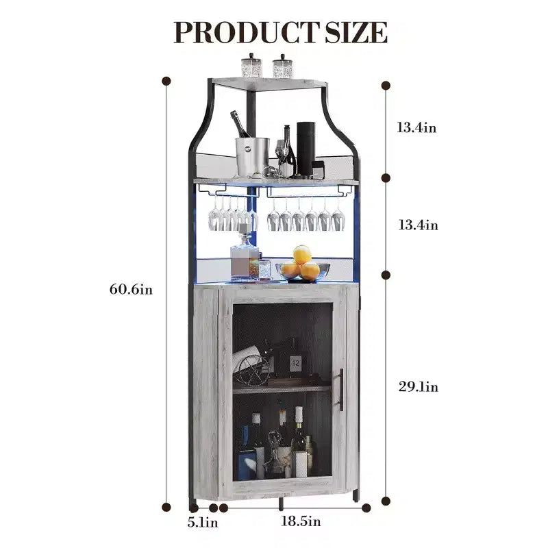 Meuble d'angle de bar avec bande LED, porte-verres, étagère réglable, meuble de bar à liqueurs à 5 niveaux pour la maison, vitrine d'angle pour petit espace