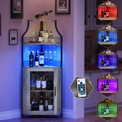 Meuble d'angle de bar avec bande LED, porte-verres, étagère réglable, meuble de bar à liqueurs à 5 niveaux pour la maison, vitrine d'angle pour petit espace