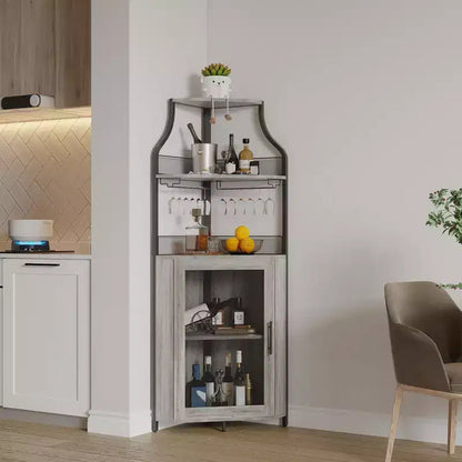 Meuble d'angle de bar avec bande LED, porte-verres, étagère réglable, meuble de bar à liqueurs à 5 niveaux pour la maison, vitrine d'angle pour petit espace